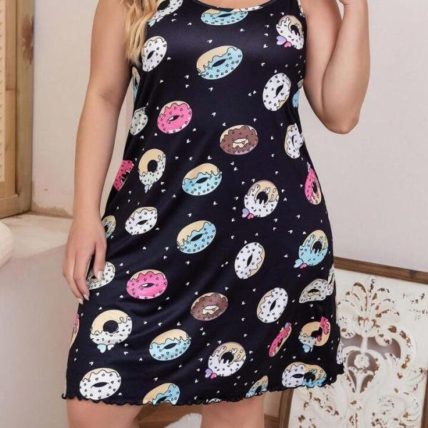 Donut Print Sleeveless Spaghetti Strap Mini Dress Black