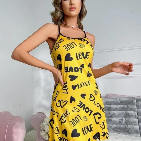 Yellow Love Print Spaghetti Strap Mini Dress