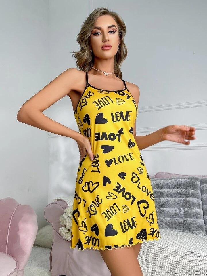 Yellow Love Print Spaghetti Strap Mini Dress