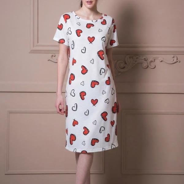 White Heart Print Soft Cotton Short Nighty
