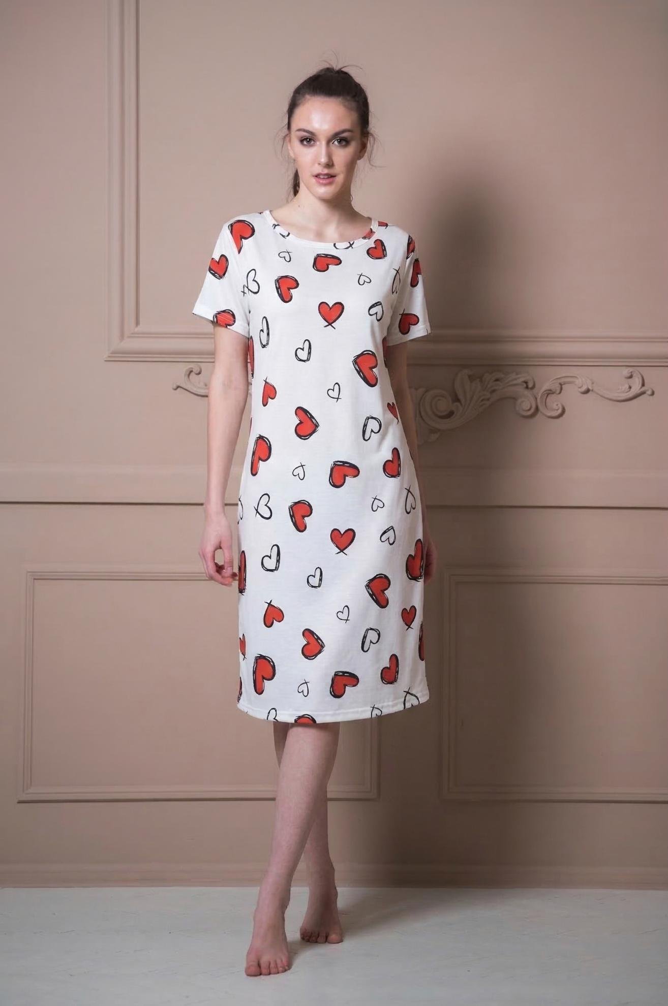 White Heart Print Soft Cotton Short Nighty