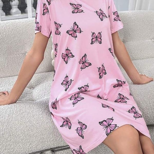 Baby Pink Butterfly Print Bridal Short Nighty