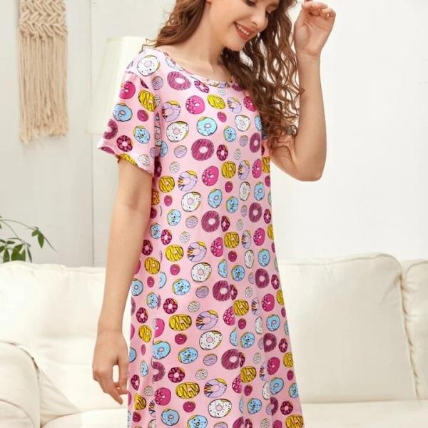 Pink Donut Print Cotton Sleeveless Short Nighty for Women