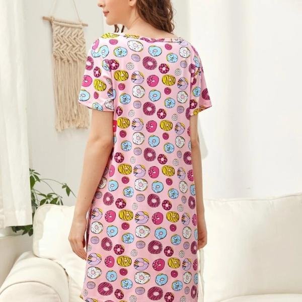Pink Donut Print Cotton Sleeveless Short Nighty for Women
