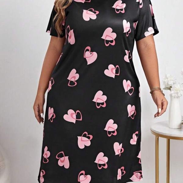 Black & Pink Heart Print Black Short Nighty