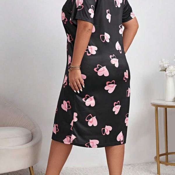 Black & Pink Heart Print Black Short Nighty