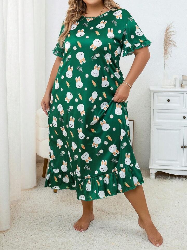Green Bunny Print Long Nighty with Robe