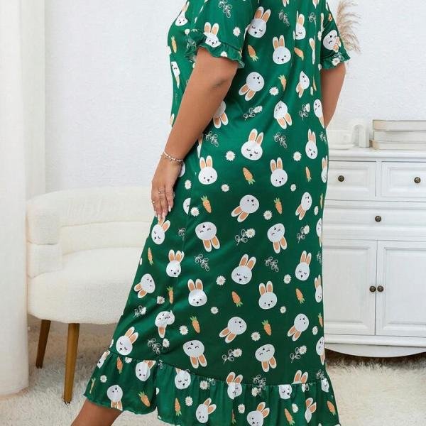 Green Bunny Print Long Nighty with Robe