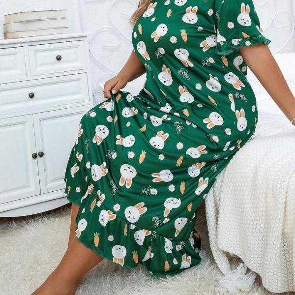 Green Bunny Print Long Nighty with Robe