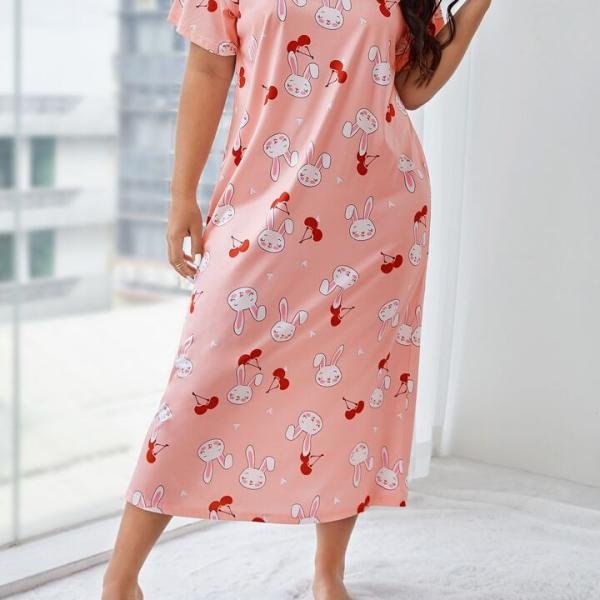 Peach Pink Bunny Print Midi Long Nighty for Women