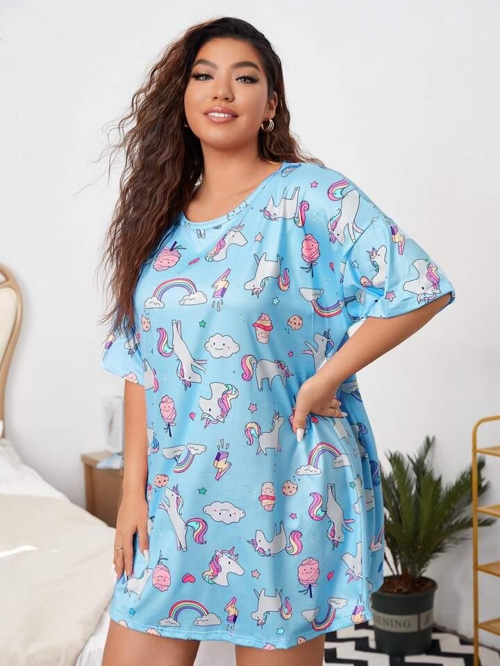 Plus Size Light Blue Sleep Short Nighty for Women