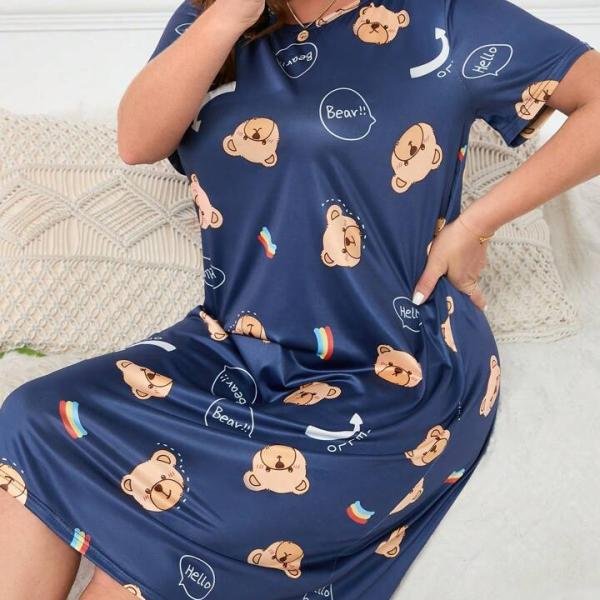 Navy Blue Teddy Bear Print Short Nighty for Girls