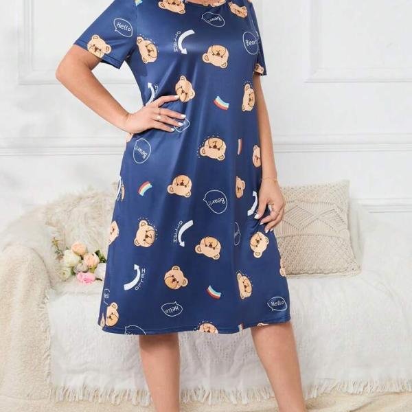 Navy Blue Teddy Bear Print Short Nighty for Girls