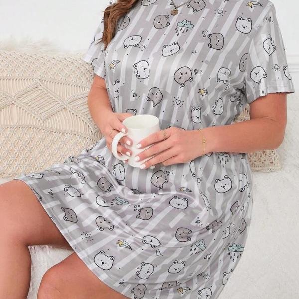 Grey Cute Cartoon Print Short Nighty for Honeymoon
