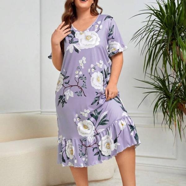 Lavender Floral Print Long Nighty Cotton