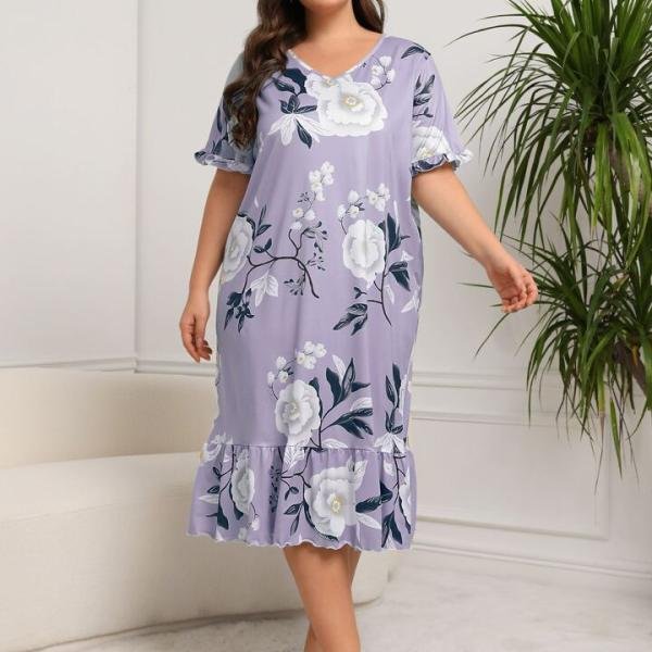 Lavender Floral Print Long Nighty Cotton