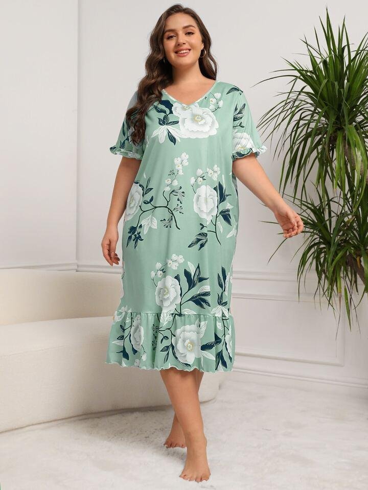 Mint Green Floral Print Long Nighty Dress