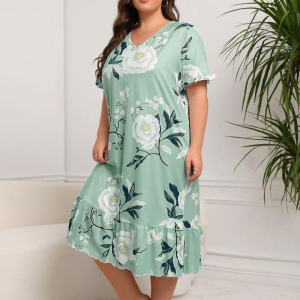 Mint Green Floral Print Long Nighty Dress