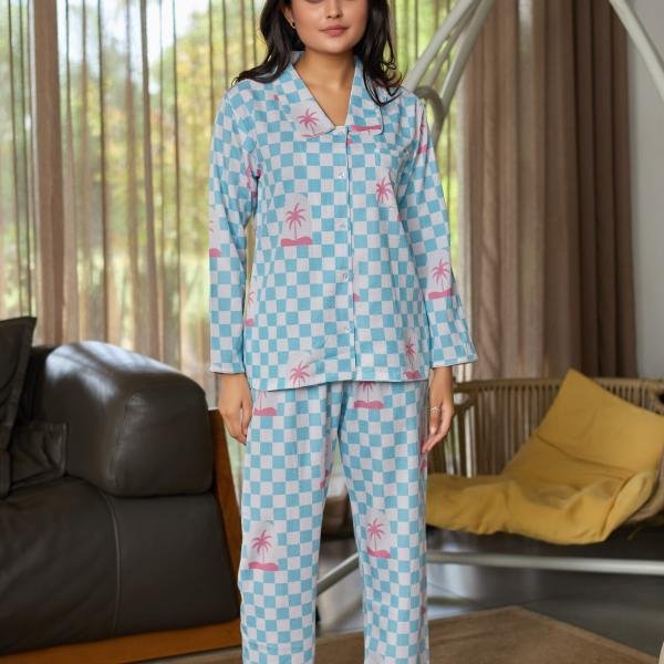 Lazy Club Sky Blue White Checkered Floral Pyjama Set