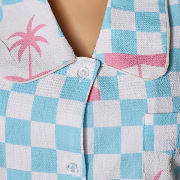 Lazy Club Sky Blue White Checkered Floral Pyjama Set