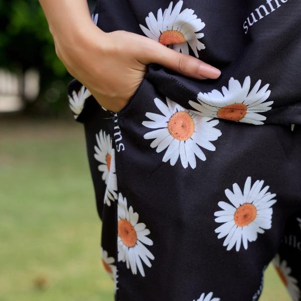 Lazy Club Black Sunflower Print Cotton Pj Short Set
