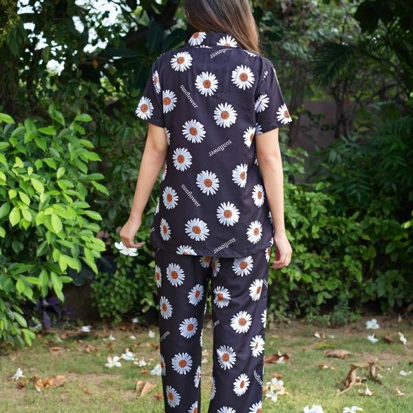 Lazy Club Black Sunflower Print Cotton Pj Short Set