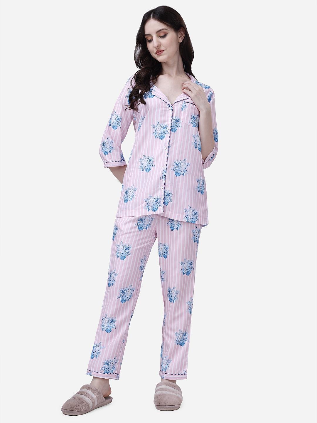 Button-Down Shirt Style Crop Top And Pants Pajama Set