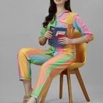 Multicolor Vertical Stripe White Kurta Pyjama For Ladies