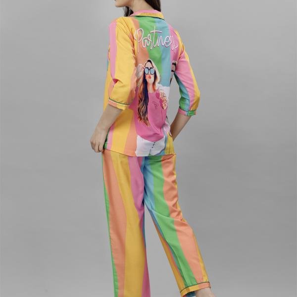 Multicolor Vertical Stripe White Kurta Pyjama For Ladies