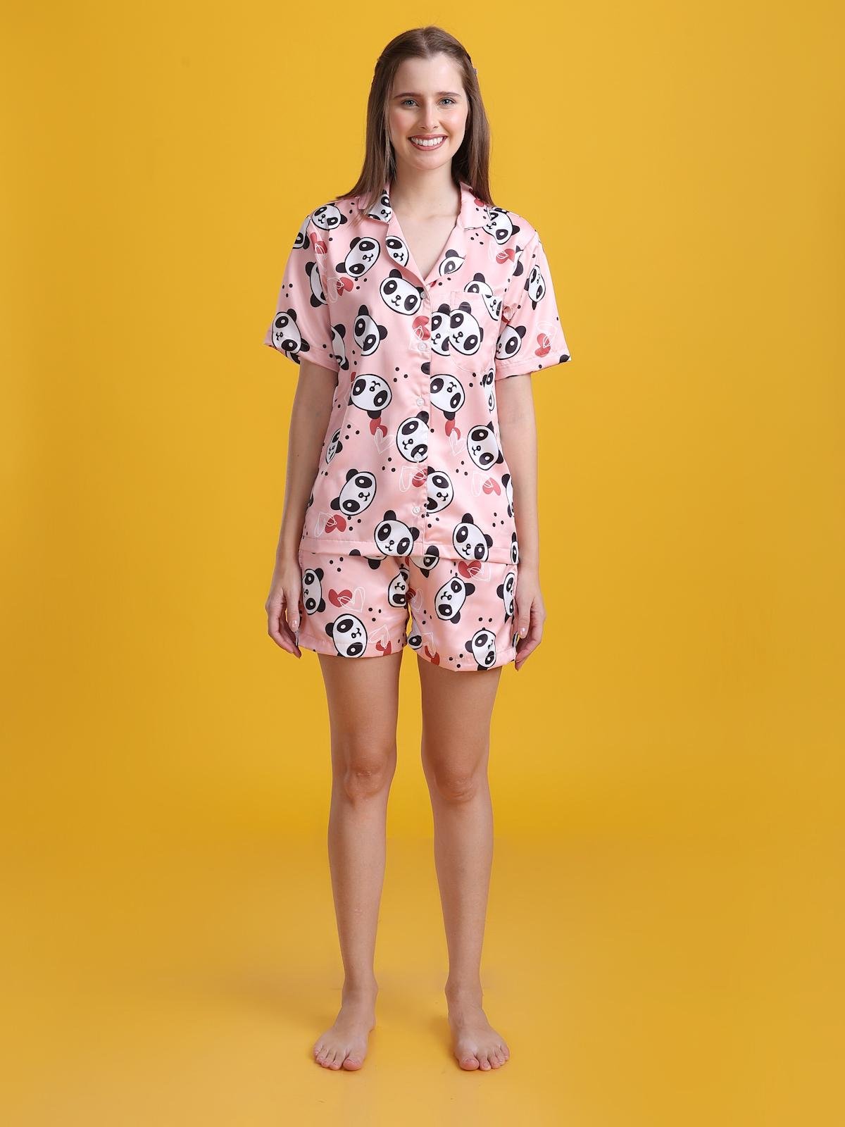 Pink Panda Print Womens Pyjama Shorts Set