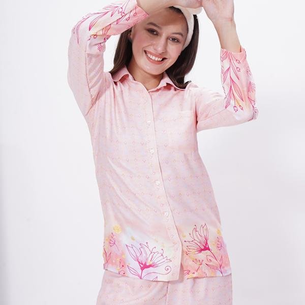 Peach Pink Floral Printed Pajama Set