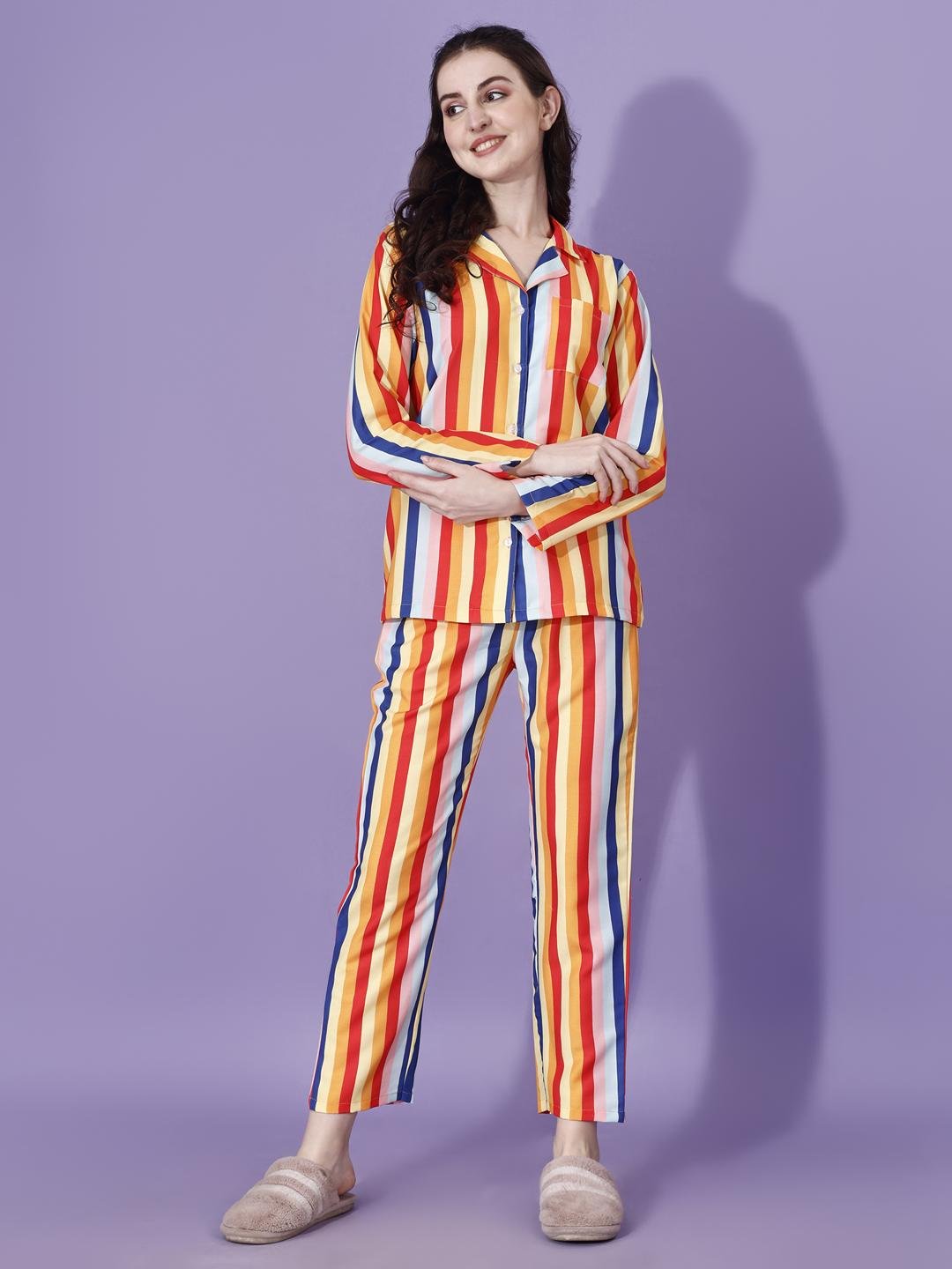 Multicolor Vertical Stripe Brown Pajama Set