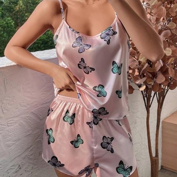 Satin Butterfly Print Women's Nightwear Shorts Set