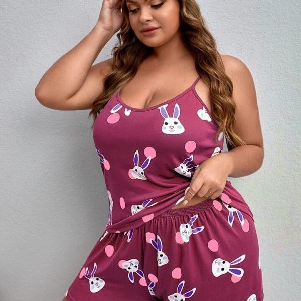 Maroon Bunny Print Shorts Nightwear Women Set