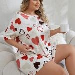 Cream White Heart Print Short Night Suit for Women