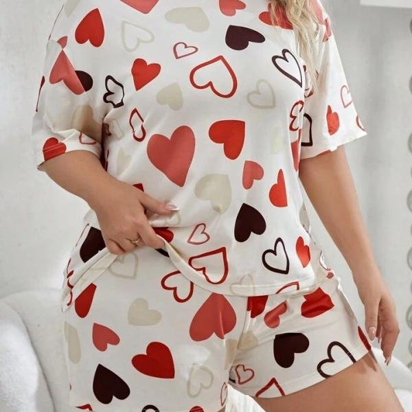 Cream White Heart Print Short Night Suit for Women